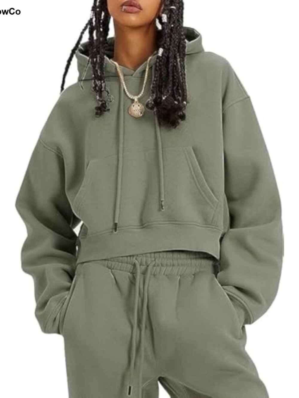 Women's Fleece 2-Piece Sweatsuit Hoodie Crop Top Jogger Pants Set